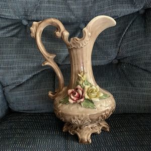 Vintage Bassano Capodimonte-style Footed Pitcher/Vase, Yellow & Pink Flower